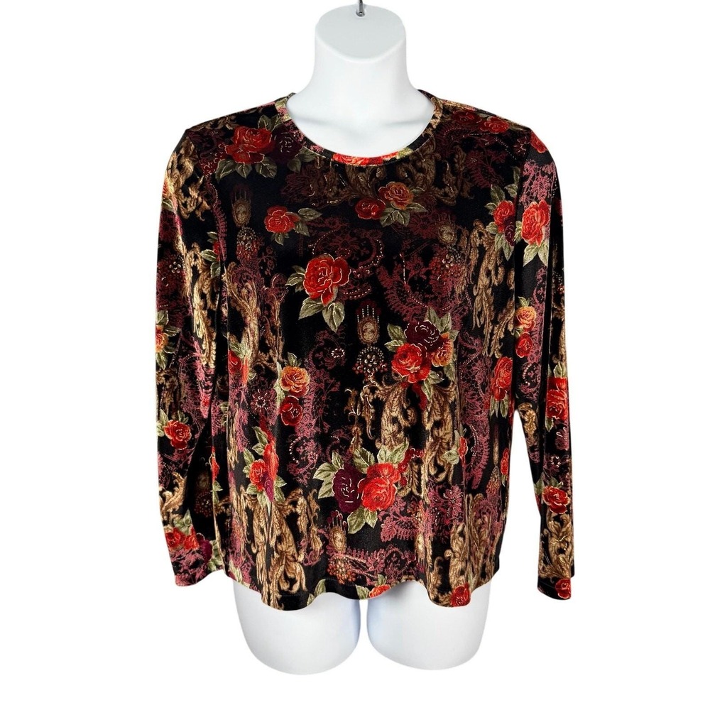 Vintage Dressbarn Top XL Black Red‎ Rose Floral Velour Long Sleeve Dark Romantic